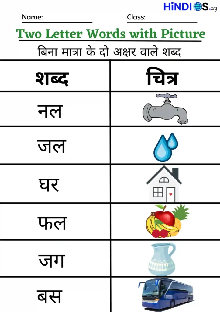 Two letter words in Hindi with pictures